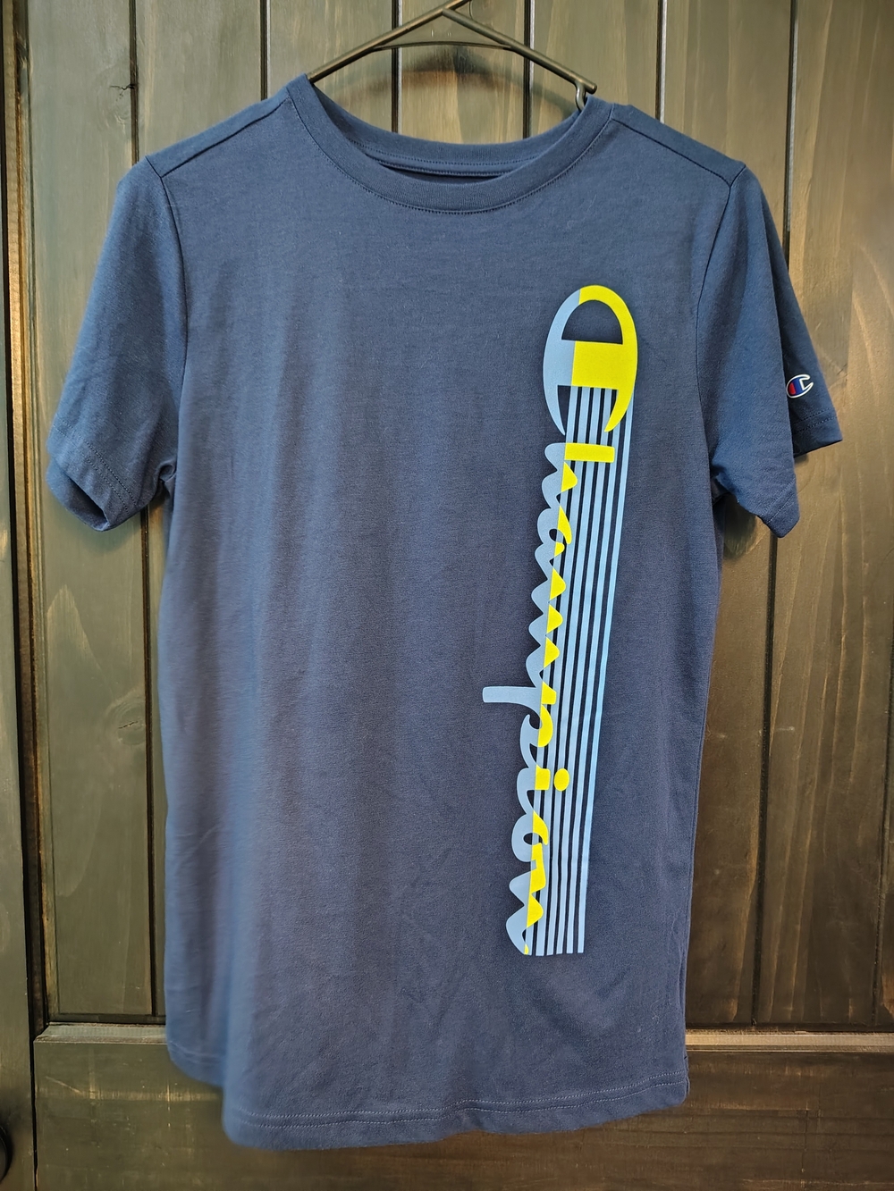 Champion Navy Short-Sleeve Crewneck Tee with Vertical Logo